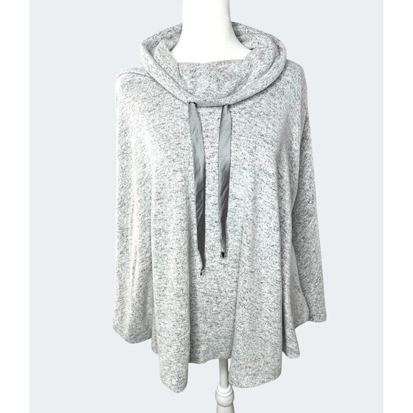 White House Black Market Heather Gray Cowl Neck Poncho With Satin Tie Accents - Picture 6 of 7